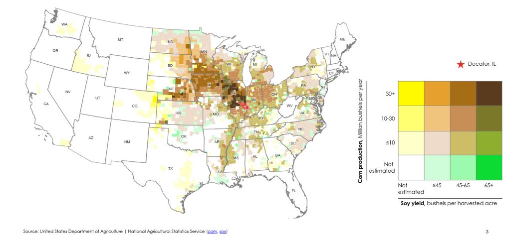 A map or corn and soybean production annually by density per county.